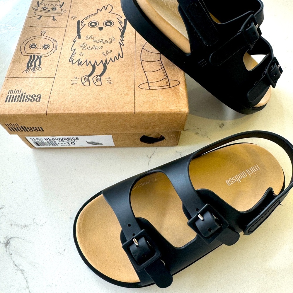 Mini Melissa - wide sandals - size 10 toddler - black & beige - like new
